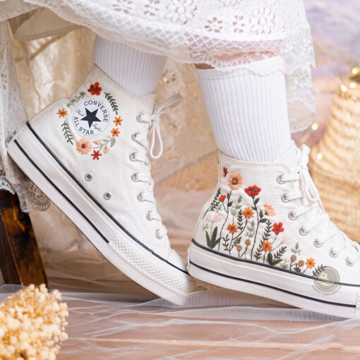 Autumn Meadow Wedding Converse, Hand Embroidered Orange Floral Sneakers