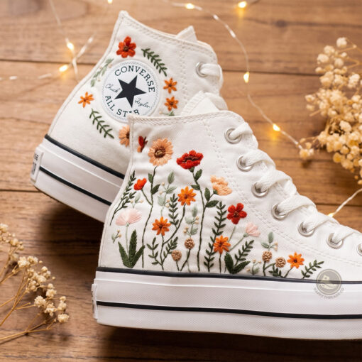 Autumn Meadow Wedding Converse, Hand Embroidered Orange Floral Sneakers