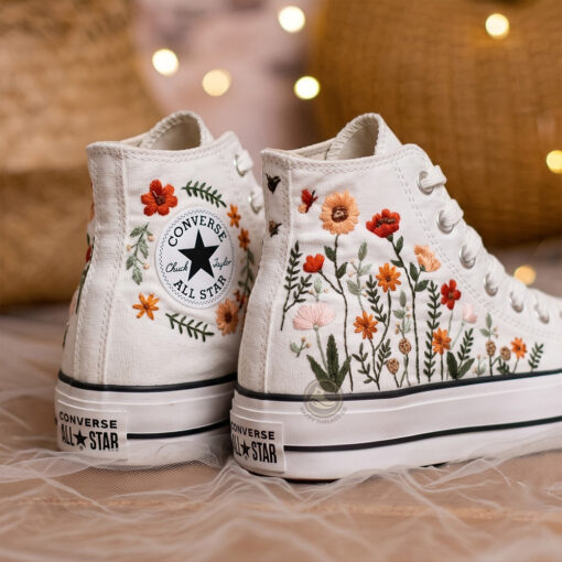 Autumn Meadow Wedding Converse, Hand Embroidered Orange Floral Sneakers