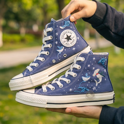 Hammerhead Shark & Stingray Converse, Hand Embroidered Ocean High Tops