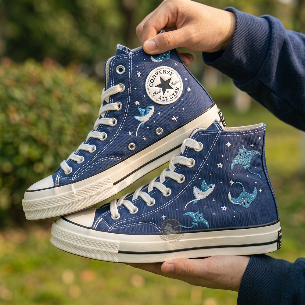 Manta Ray Embroidered Converse, Hand Embroidered Ocean High Tops