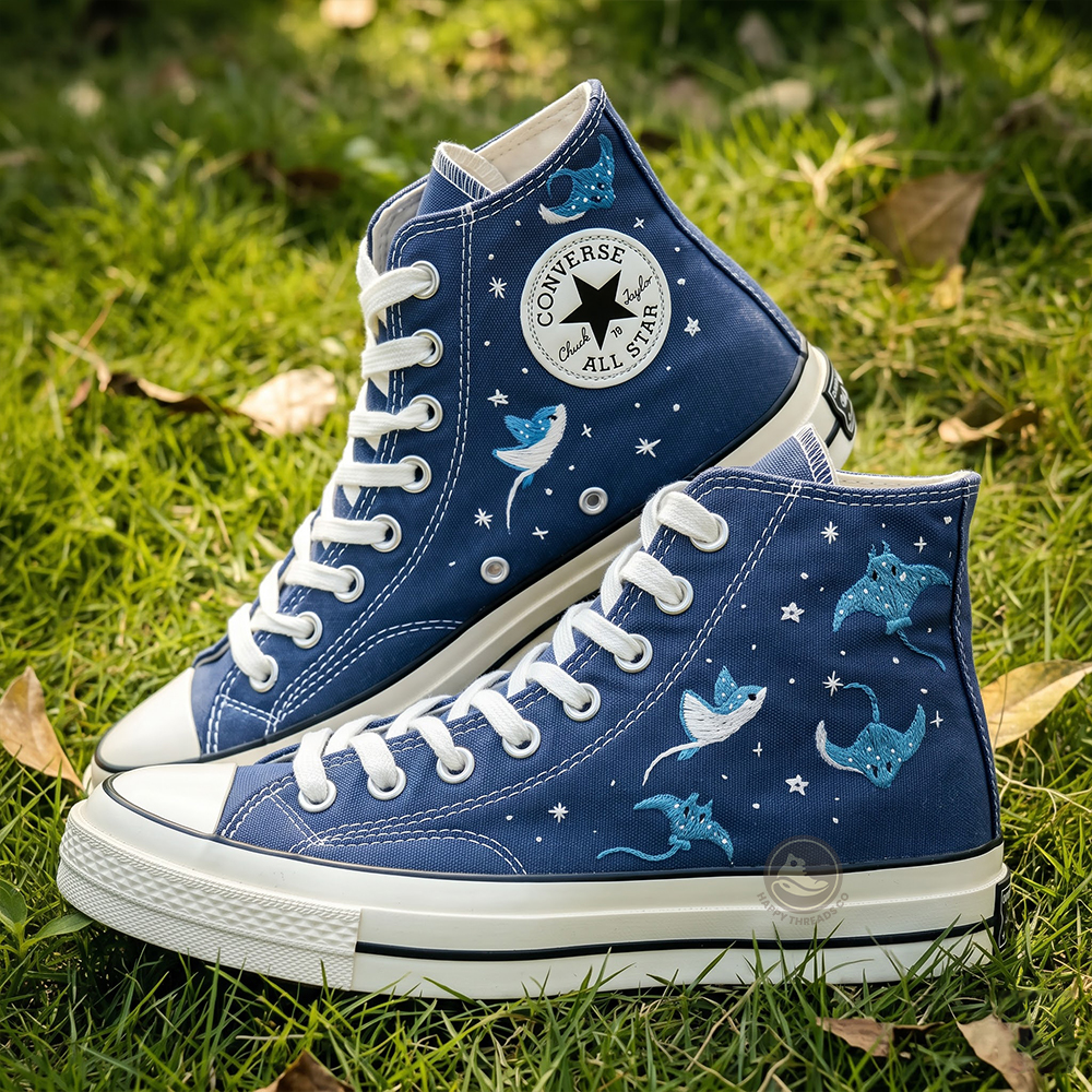 Manta Ray Embroidered Converse, Hand Embroidered Ocean High Tops - Image 2