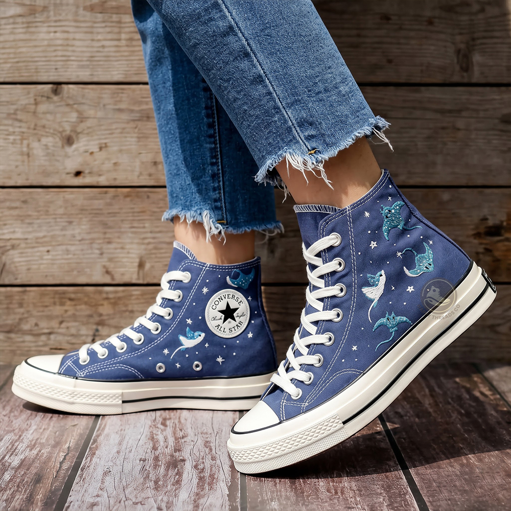 Manta Ray Embroidered Converse, Hand Embroidered Ocean High Tops - Image 3