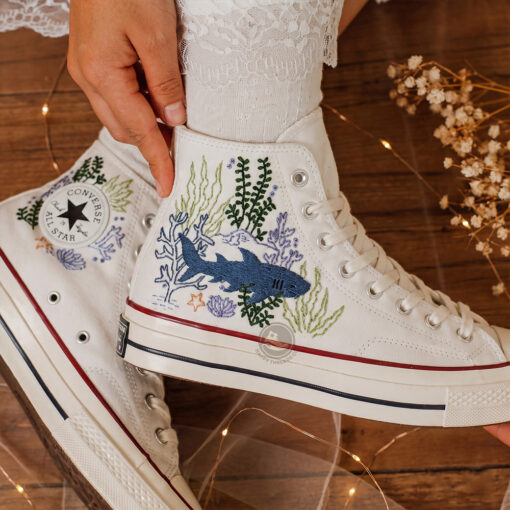 Blue Reef Shark Converse, Hand Embroidered Ocean High Tops