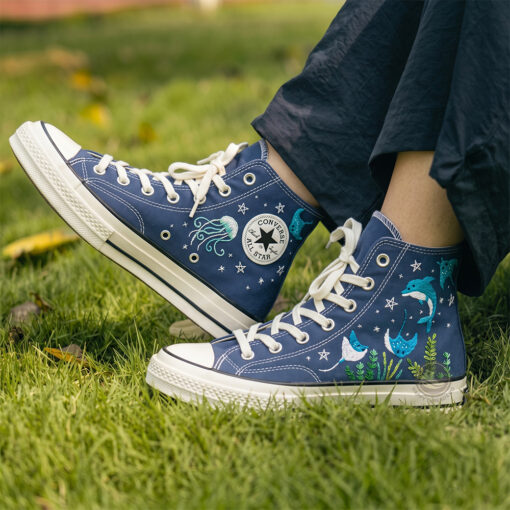 Dolphin & Manta Ray Converse, Hand Embroidered Ocean High Tops