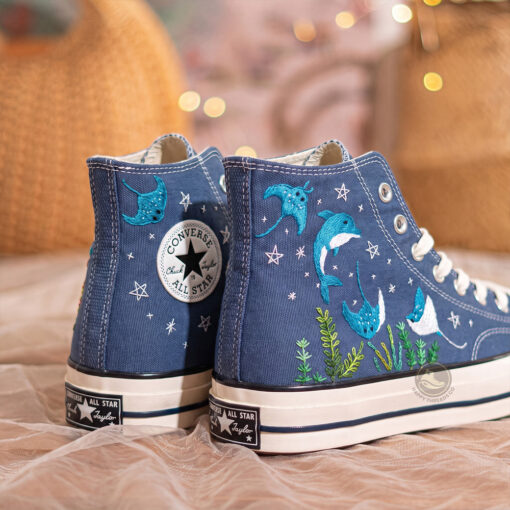 Dolphin & Manta Ray Converse, Hand Embroidered Ocean High Tops