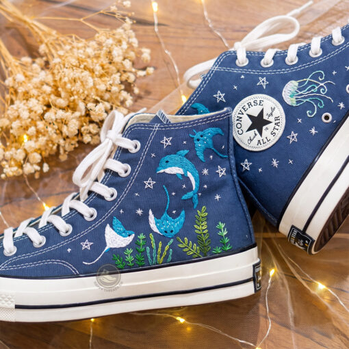 Dolphin & Manta Ray Converse, Hand Embroidered Ocean High Tops
