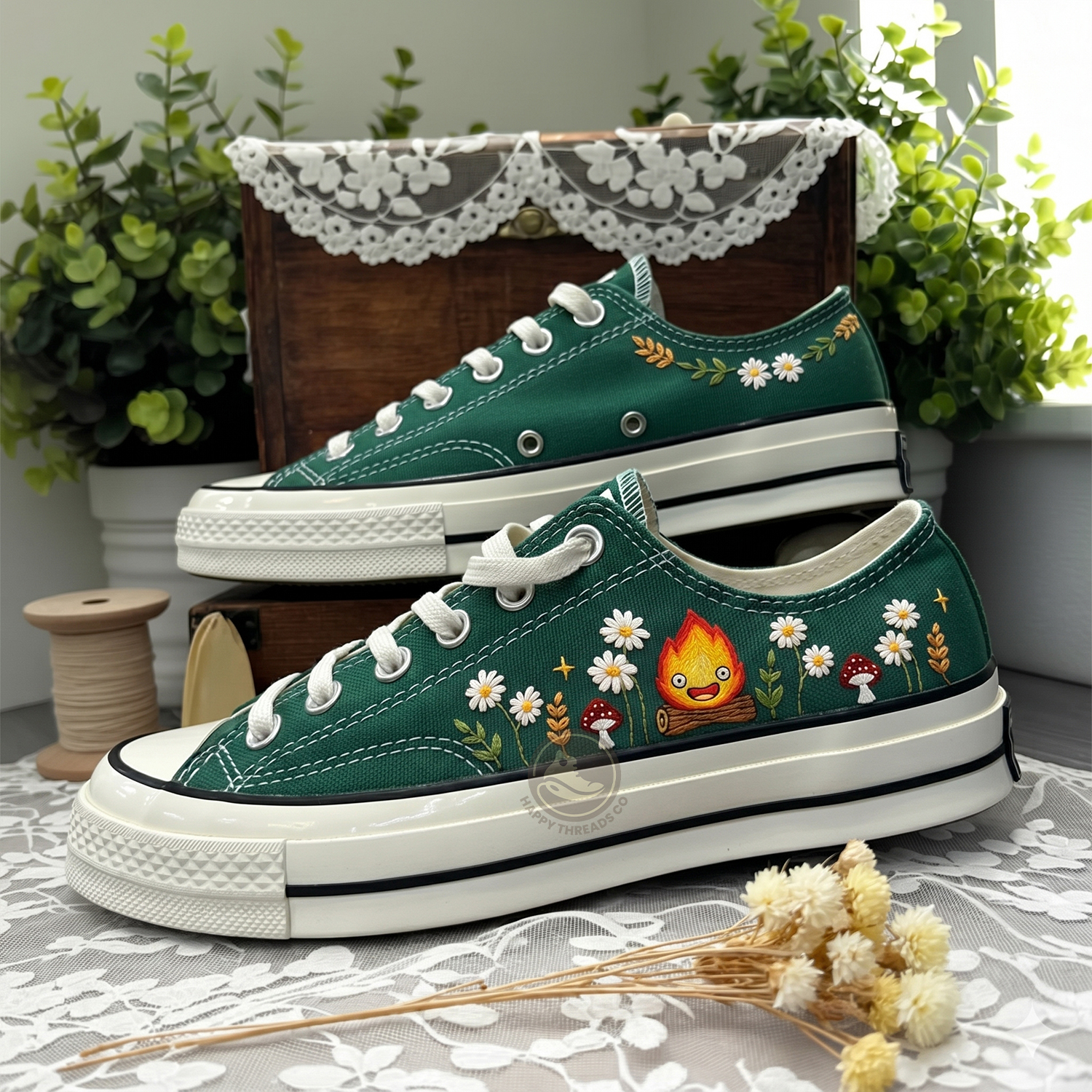 Calcifer Embroidered Low Tops Converse, Hand Embroidered Studio Ghibli Sneakers - Image 2
