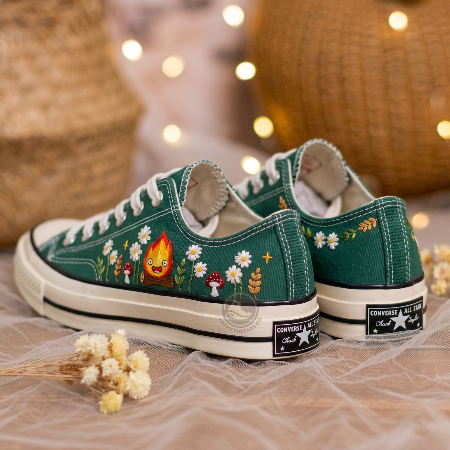 Calcifer Embroidered Low Tops Converse, Hand Embroidered Studio Ghibli Sneakers - Image 4