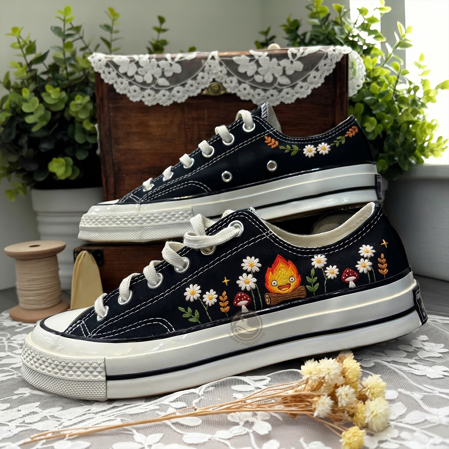 Calcifer Embroidered Low Tops Converse, Hand Embroidered Studio Ghibli Sneakers - Image 3