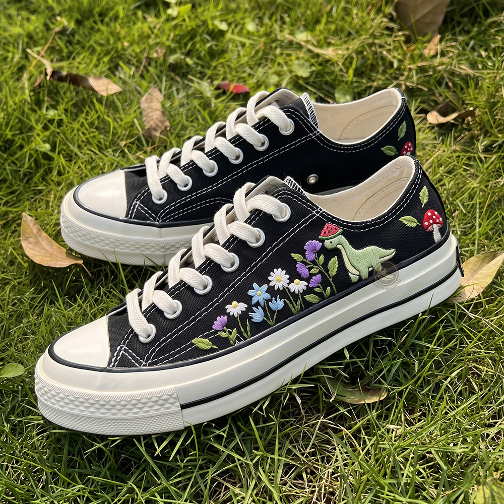 Dinosaur Embroidered Converse, Mushroom Woodland Hand Embroidered Low Tops Sneakers - Image 4
