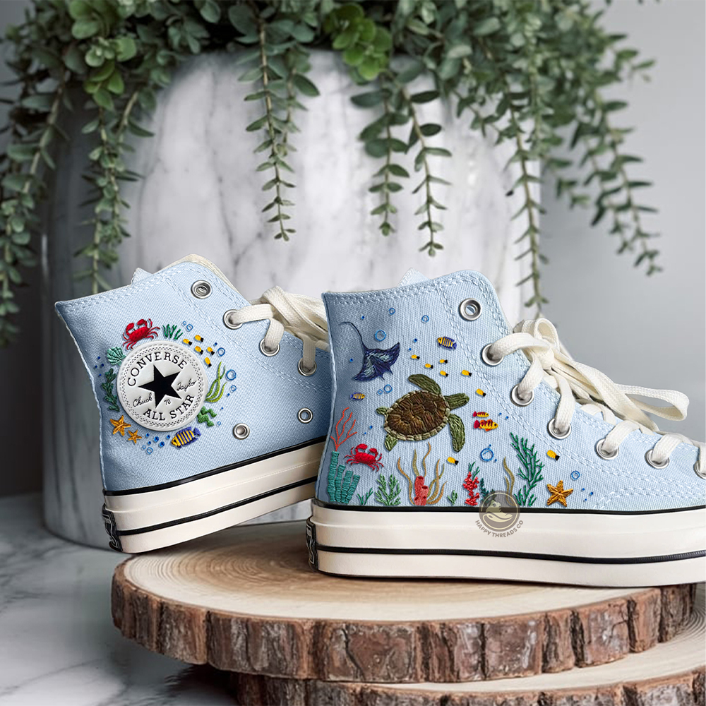 Ocean Turtle Embroidered Converse, Custom Hand Embroidered Swimming Stingray Sneakers