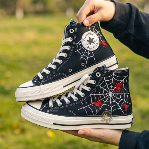 Spider Web Embroidered Converse, Halloween Spiderman Hand Embroidered High Tops Sneakers