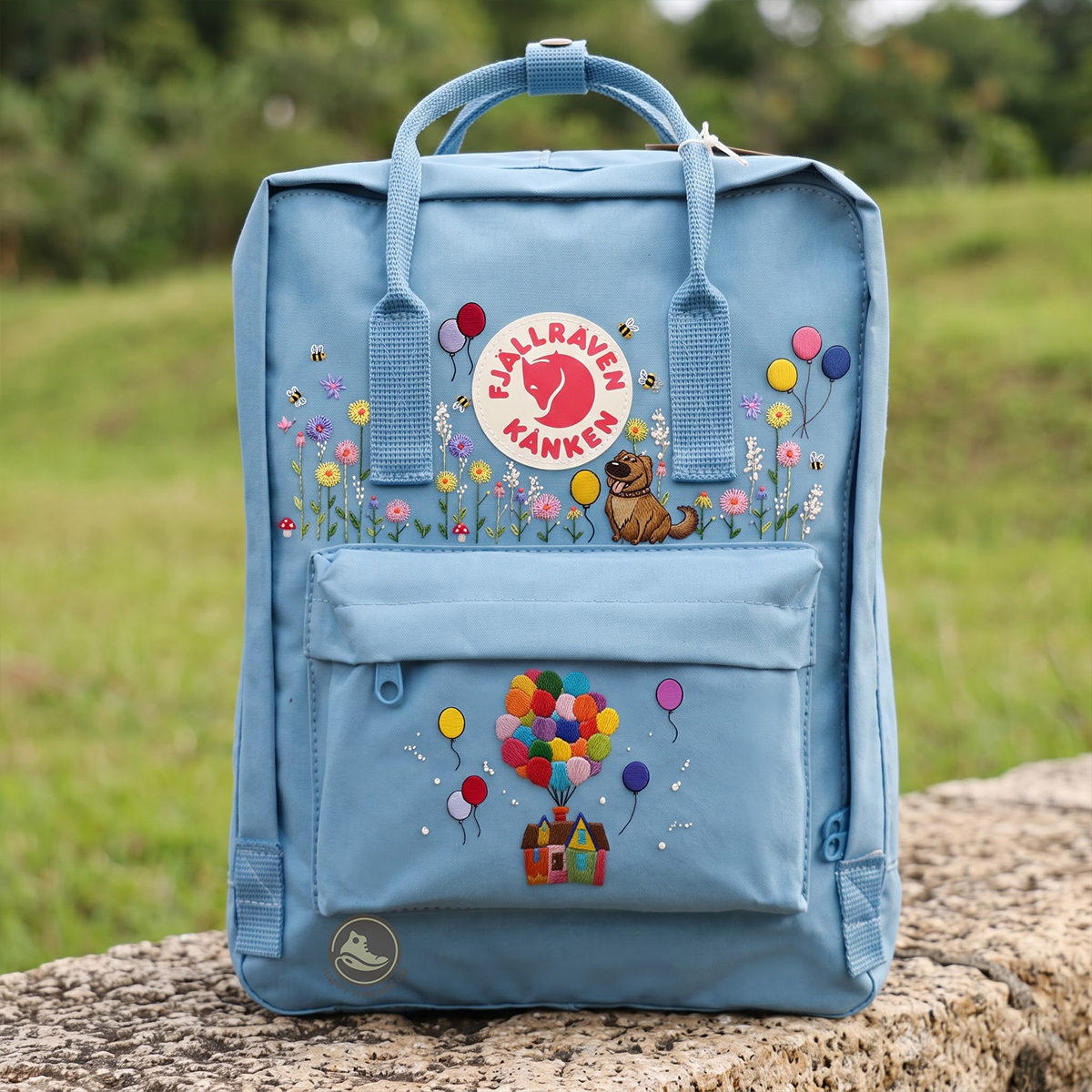 Flying House Kanken Backpack, Colorful Balloon Adventure Embroidered Dog Rucksack