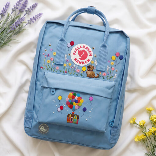 Flying House Kanken Backpack, Colorful Balloon Adventure Embroidered Dog Rucksack