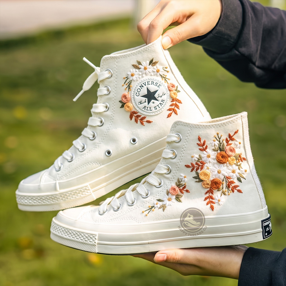 Autumn Wedding Floral Converse, Hand Embroidered Bridal High Tops