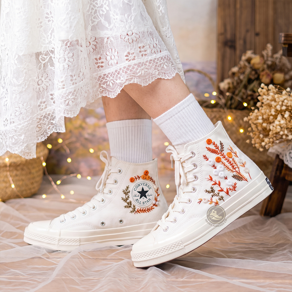 Rustic Orange Floral Converse, Hand Embroidered Autumn Wedding High Tops - Image 2