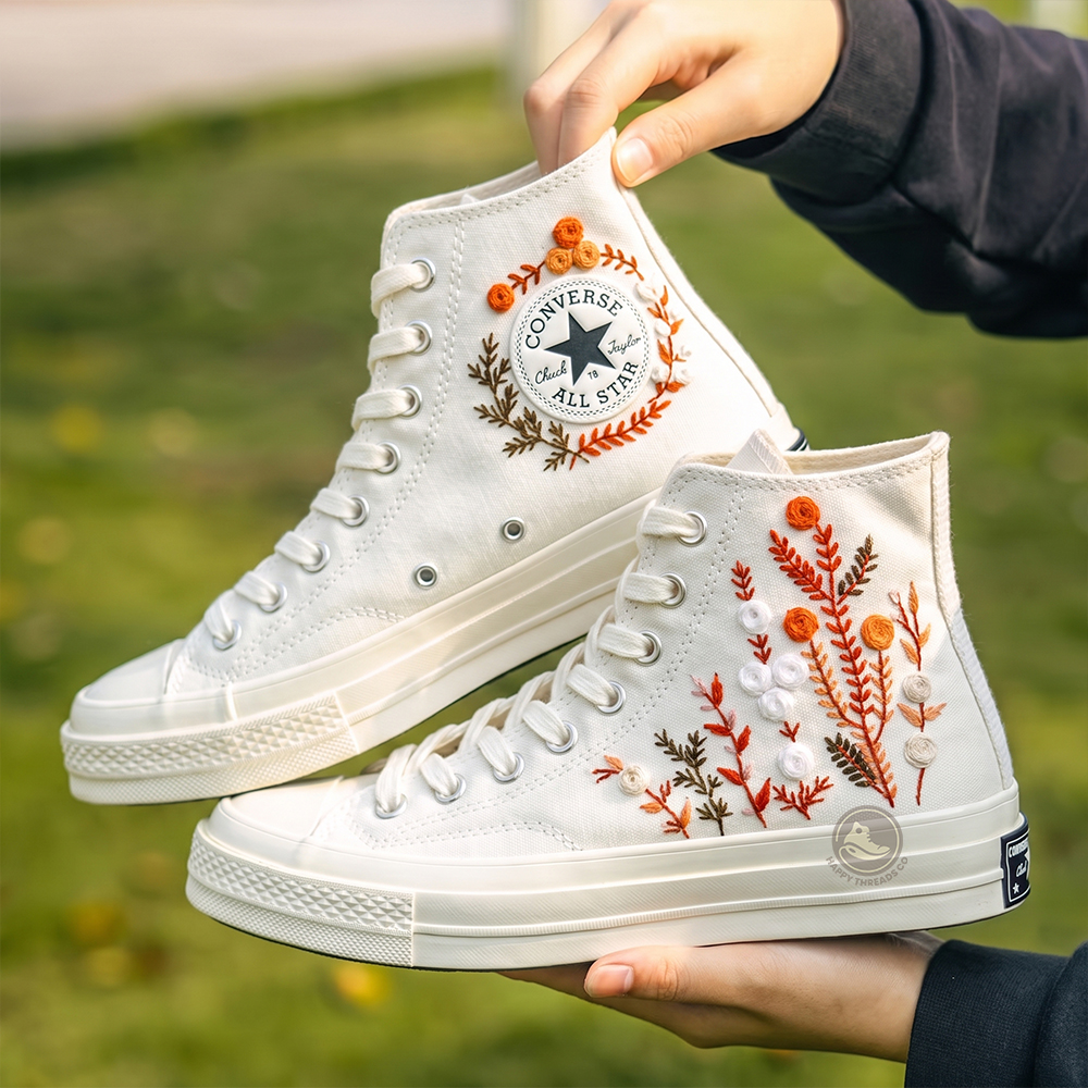 Rustic Orange Floral Converse, Hand Embroidered Autumn Wedding High Tops