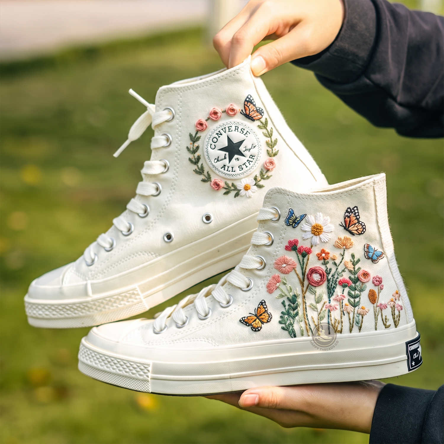 Wildflower Butterfly Converse Chuck Taylor 1970s, Hand Embroidered Floral High Tops