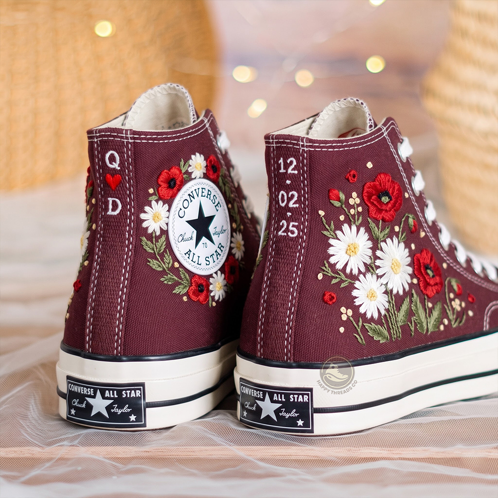 Burgundy Poppy Daisy Converse, Hand Embroidered Floral Canvas High Tops - Image 2