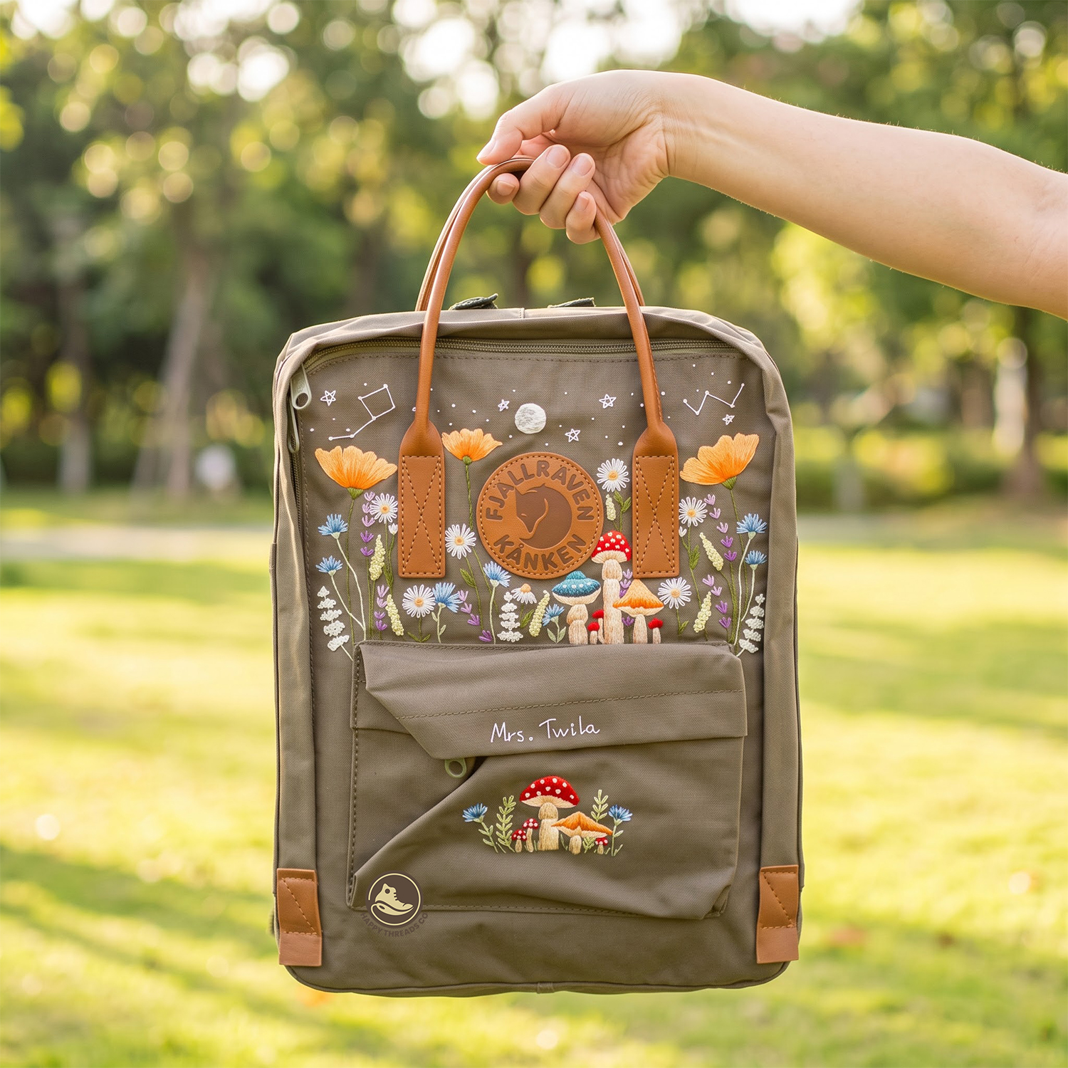 Mushroom Meadow Kanken Backpack, Embroidered Cottagecore Wildflower Rucksack