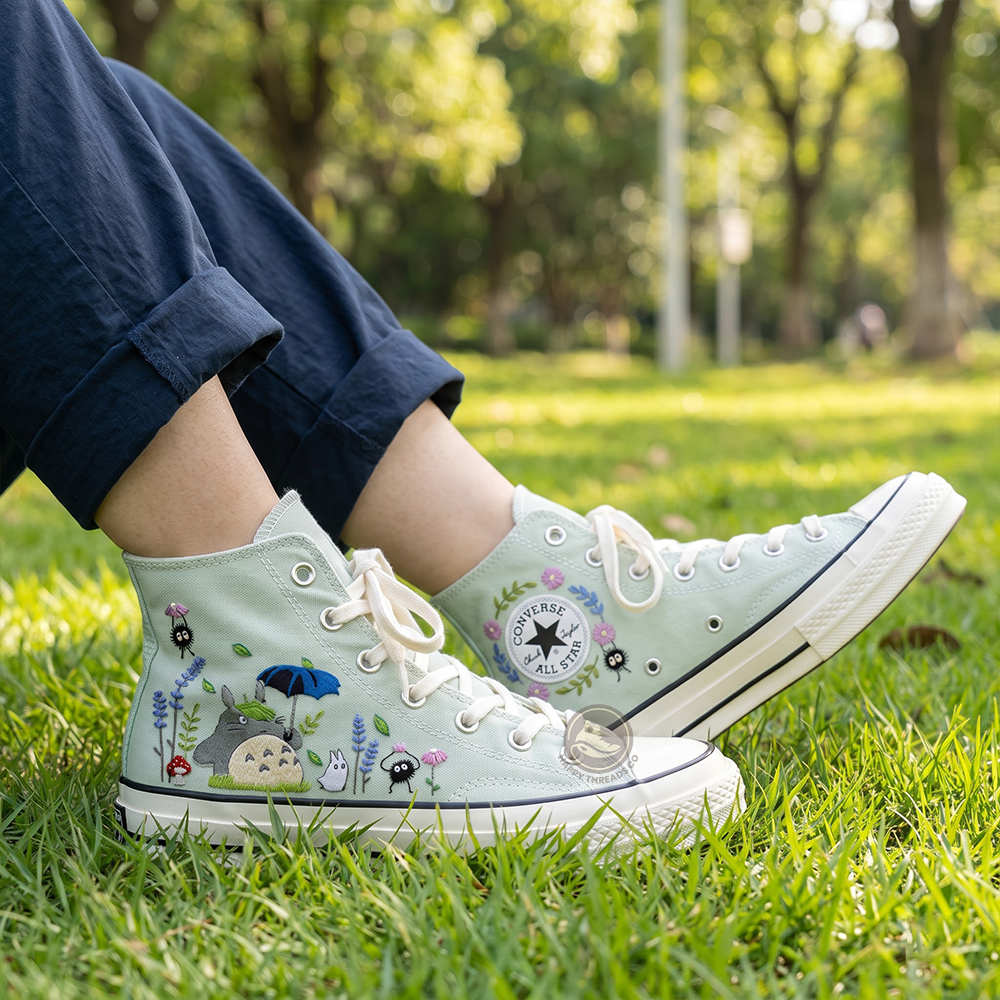 Totoro Studio Ghibli Converse, Hand Embroidered Forest Garden Converse High Tops - Image 3