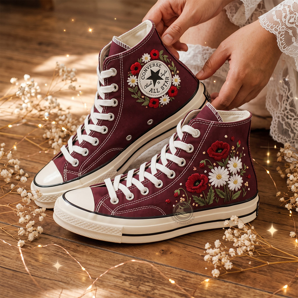 Burgundy Poppy Daisy Converse, Hand Embroidered Floral Canvas High Tops - Image 4