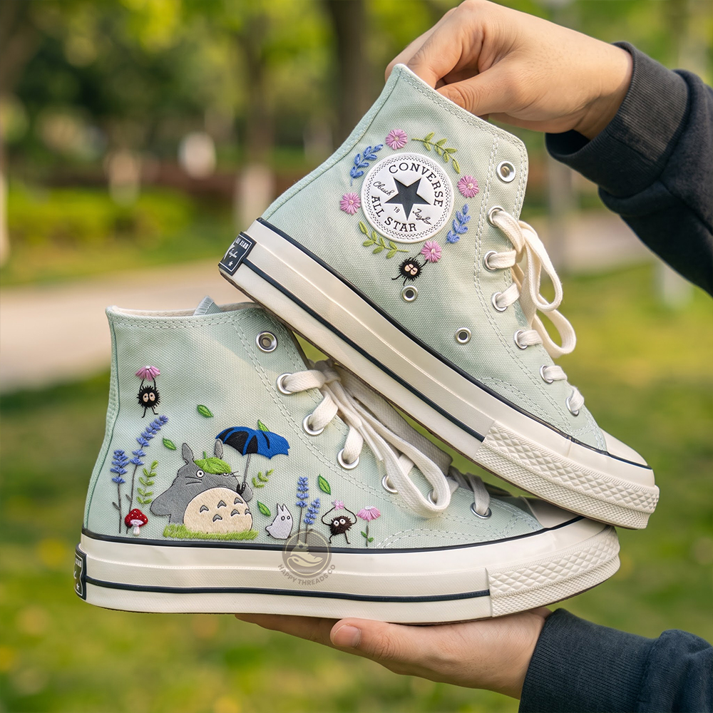 Totoro Studio Ghibli Converse, Hand Embroidered Forest Garden Converse High Tops