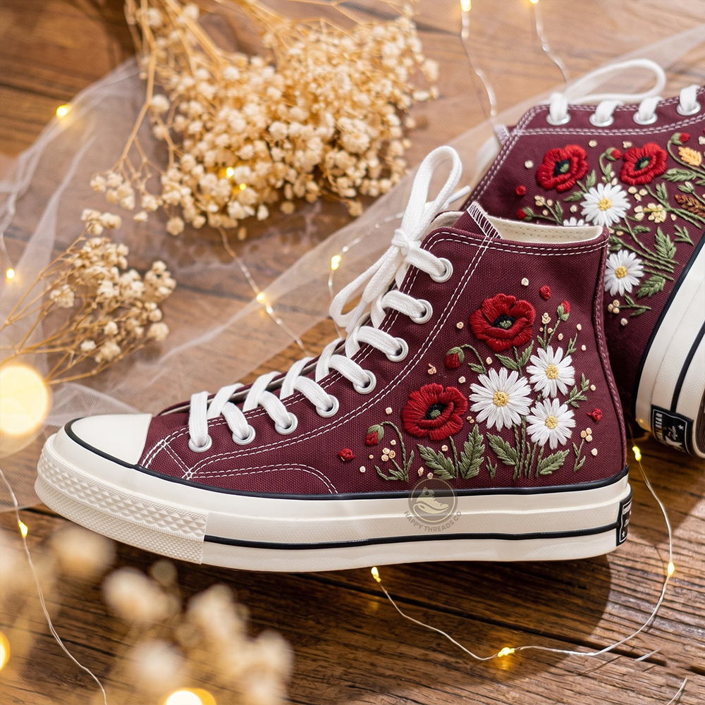 Burgundy Poppy Daisy Converse, Hand Embroidered Floral Canvas High Tops