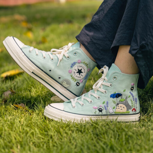 Totoro Studio Ghibli Converse, Hand Embroidered Forest Garden Converse High Tops