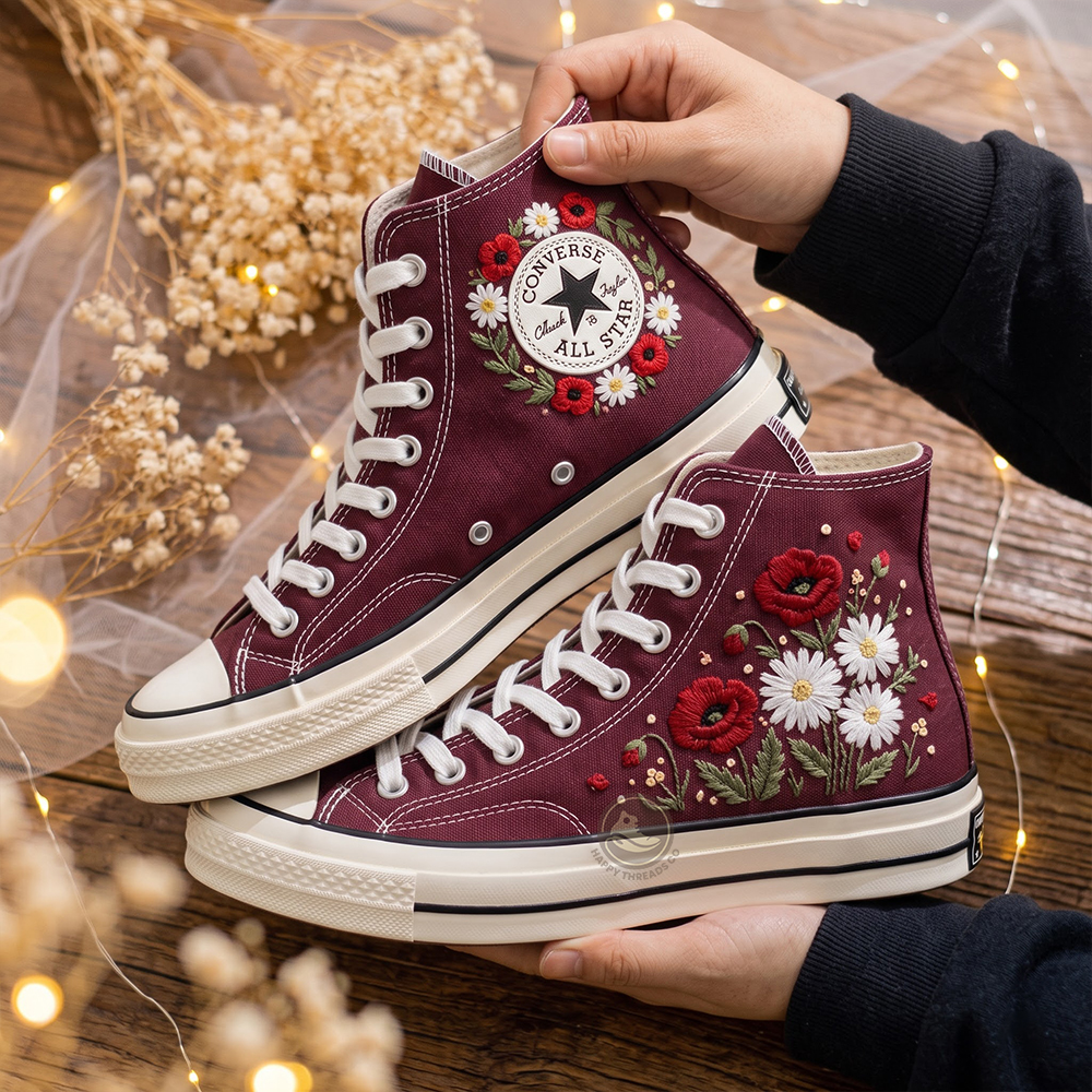 Burgundy Poppy Daisy Converse, Hand Embroidered Floral Canvas High Tops - Image 3