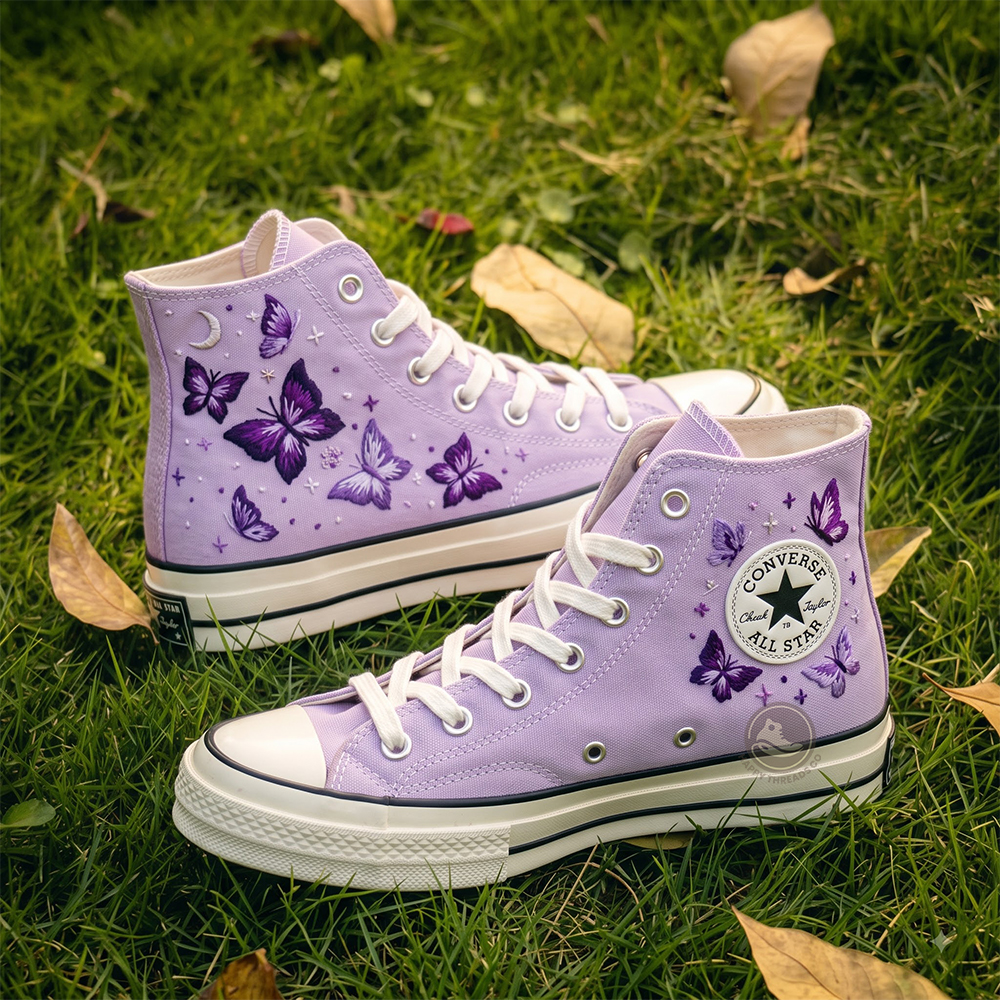 Lavender Butterfly Converse Chuck Taylor 1970s, Hand Embroidered Moonlight Converse High Tops - Image 3