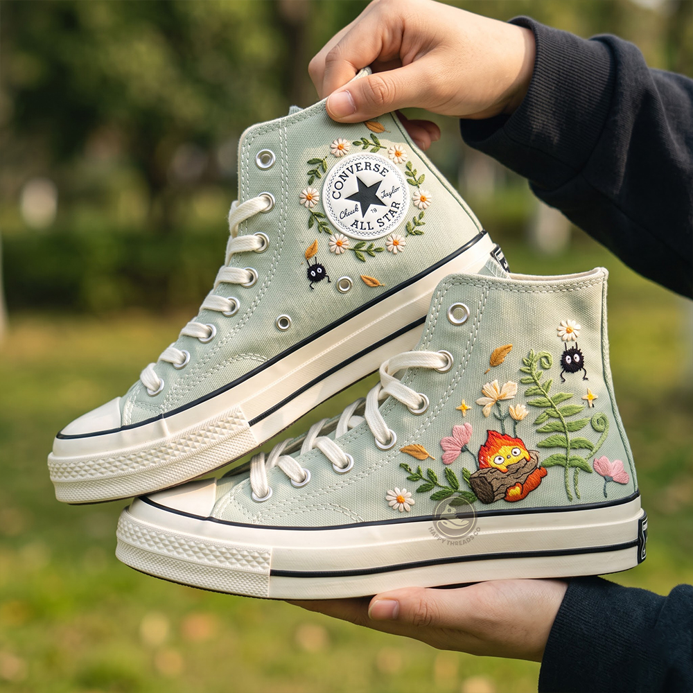 Calcifer Studio Ghibli Converse, Hand Embroidered Fire Spirit High Tops