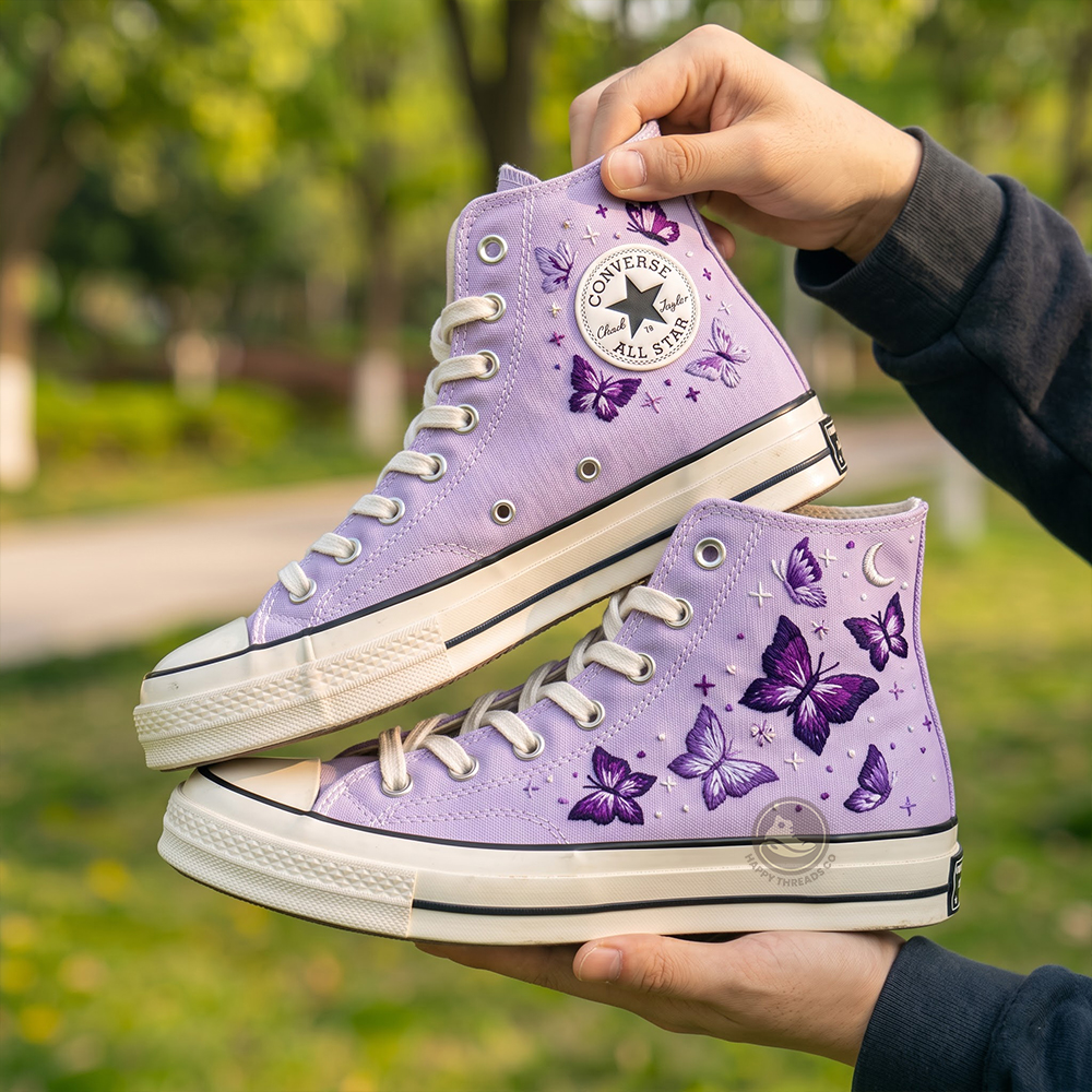 Lavender Butterfly Converse Chuck Taylor 1970s, Hand Embroidered Moonlight Converse High Tops - Image 2