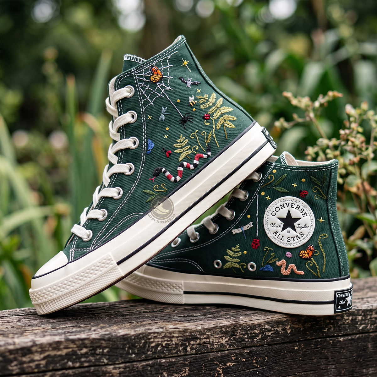 Halloween Insect Converse, Hand Embroidered Butterfly & Spider Canvas High Tops