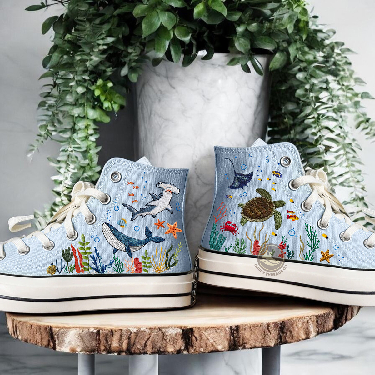 Ocean Life Converse, Hand Embroidered Sea Turtle & Marine Animal High Tops