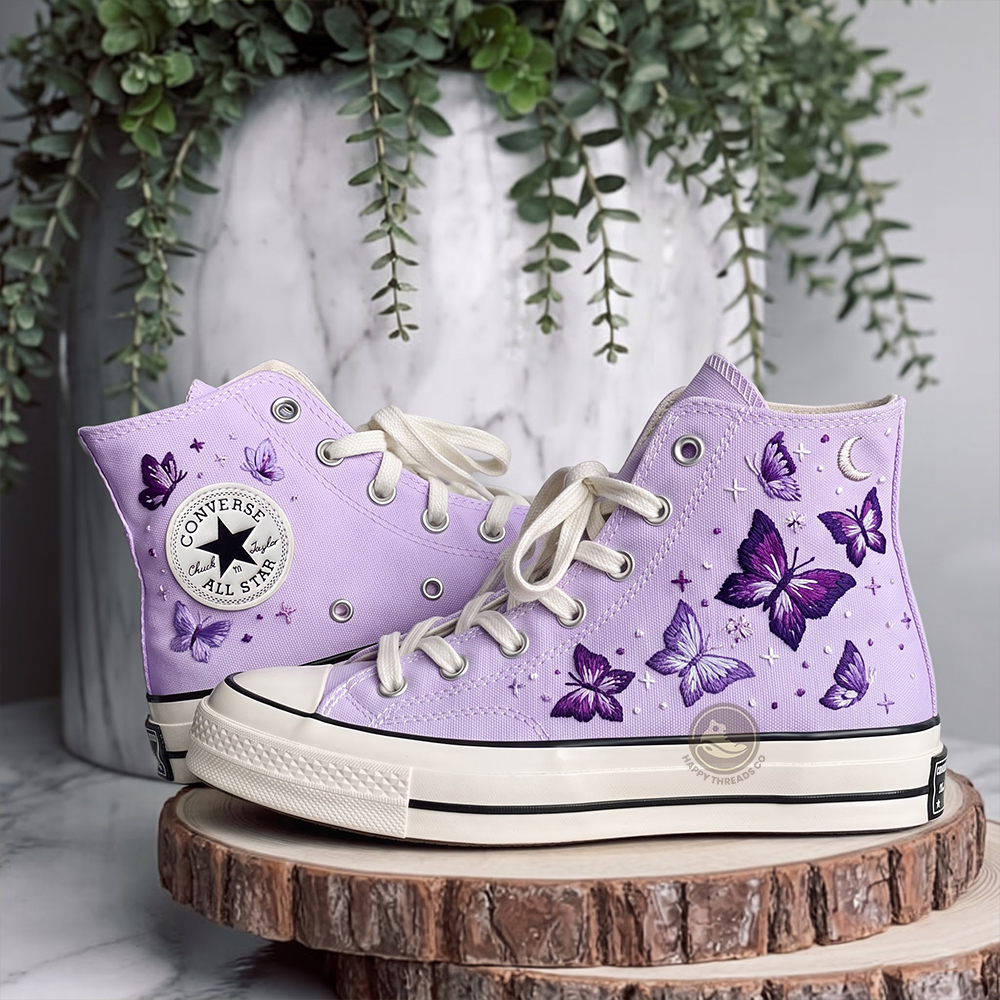 Lavender Butterfly Converse Chuck Taylor 1970s, Hand Embroidered Moonlight Converse High Tops - Image 4
