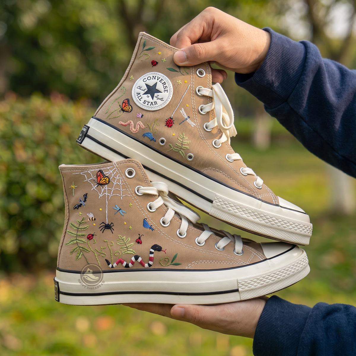 Insect Lover Converse, Hand Embroidered Butterfly & Bug Garden High Tops
