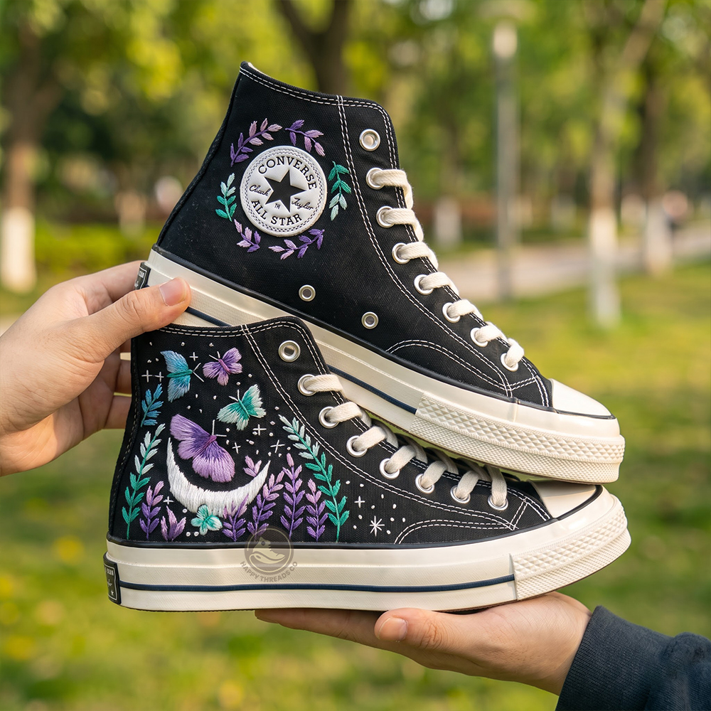 Midnight Butterfly Garden Converse, Hand Embroidered Moon Floral Converse High Tops