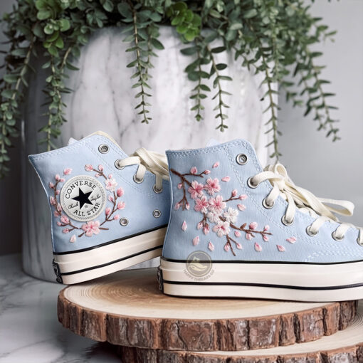 Blue Cherry Blossom Converse, Hand Embroidered Floral Converse Chuck Taylor 1970s