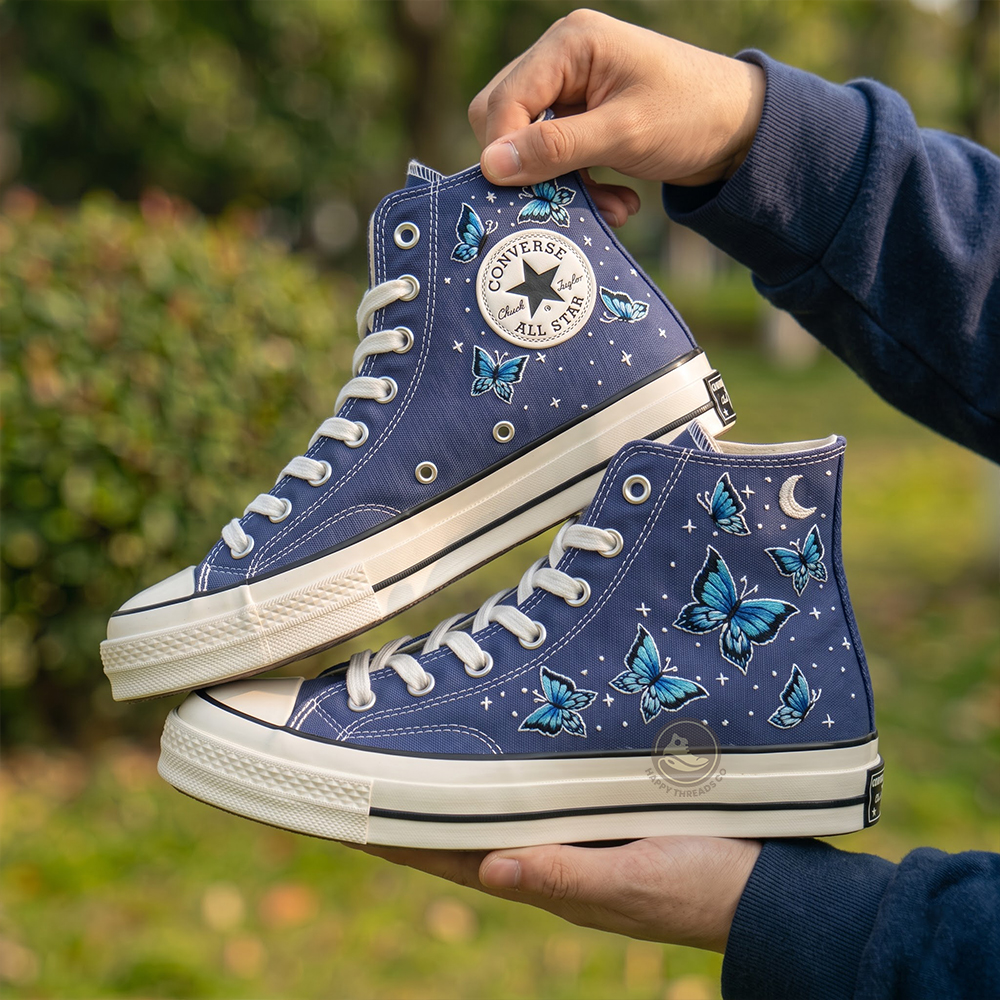 Midnight Blue Butterfly Converse, Hand Embroidered Moonlight Canvas High Tops