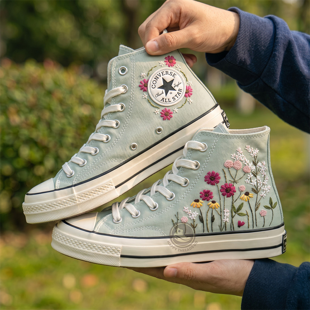 Sage Wildflower Converse, Hand Embroidered Floral Converse High Tops