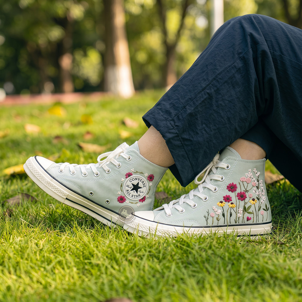 Sage Wildflower Converse, Hand Embroidered Floral Converse High Tops - Image 2