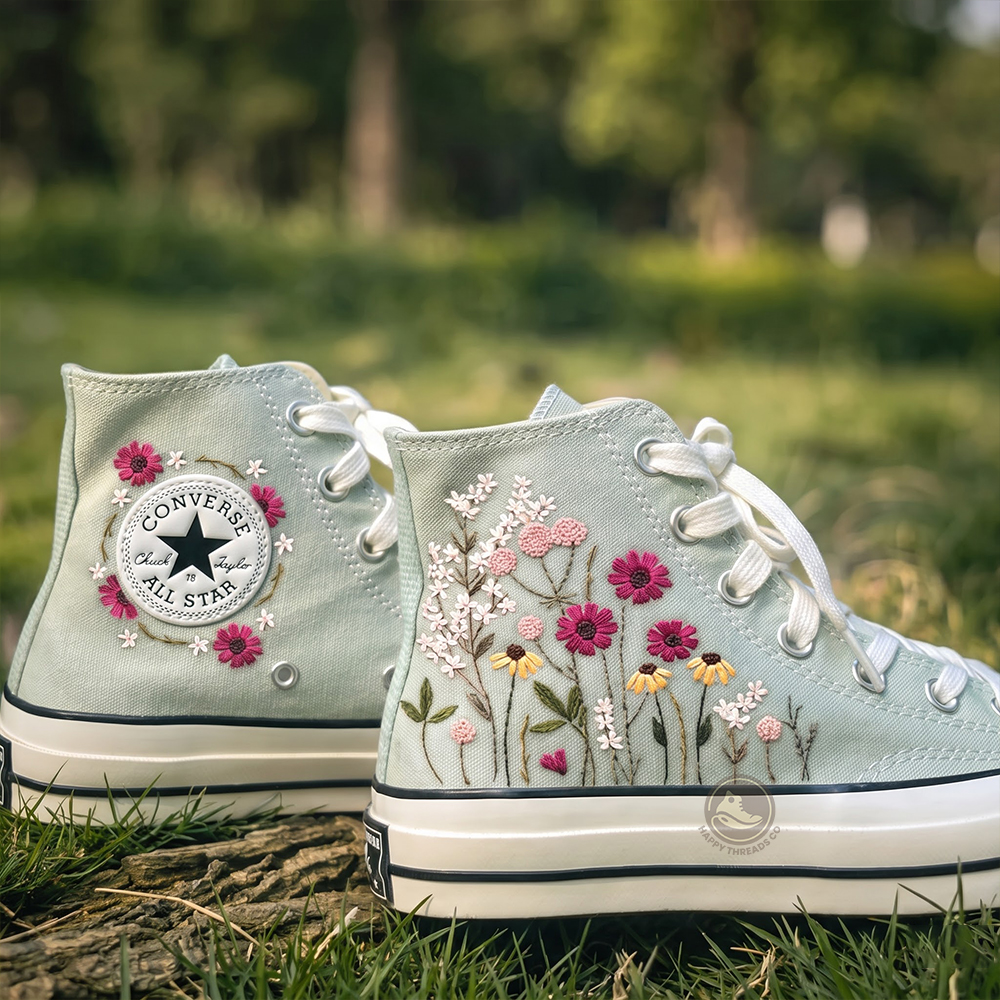 Sage Wildflower Converse, Hand Embroidered Floral Converse High Tops - Image 3