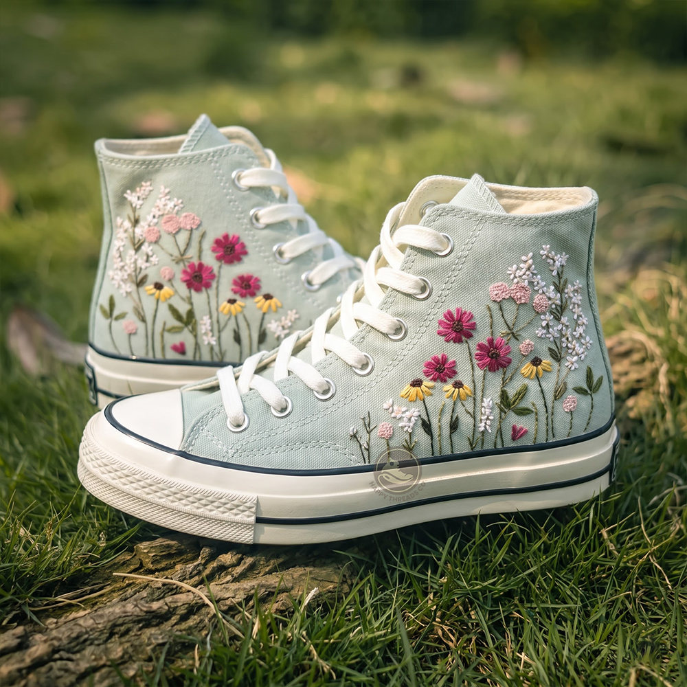 Sage Wildflower Converse, Hand Embroidered Floral Converse High Tops - Image 4