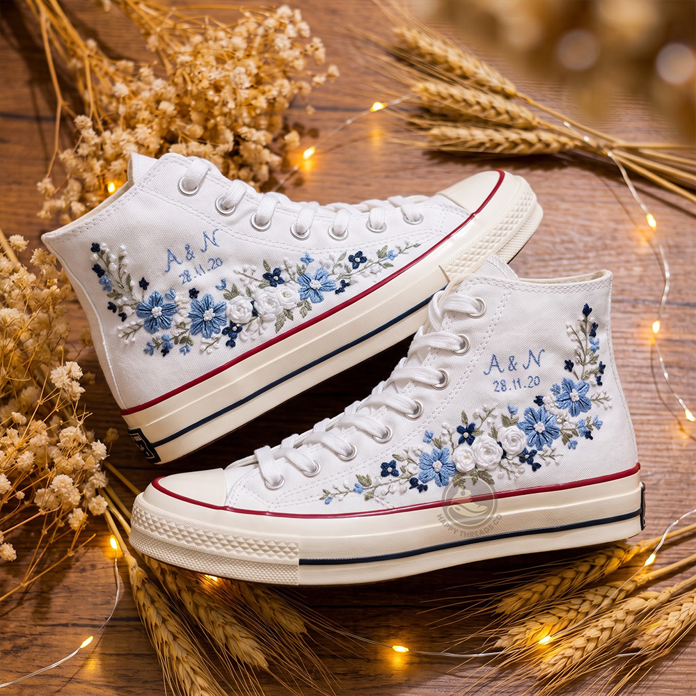 Blue Wedding Bouquet Converse, Personalized Embroidered Bridal High Tops - Image 2