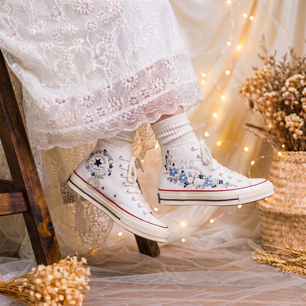 Blue Wedding Bouquet Converse, Personalized Embroidered Bridal High Tops - Image 3