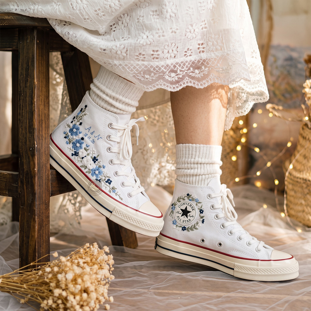 Blue Wedding Bouquet Converse, Personalized Embroidered Bridal High Tops - Image 4
