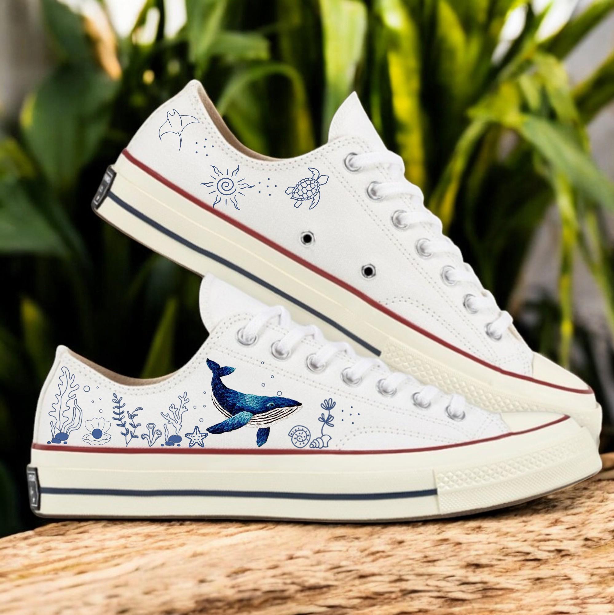 Ocean Whale & Turtle Converse Chuck Taylor 1970s, Hand Embroidered Sea Life Low Tops Sneakers