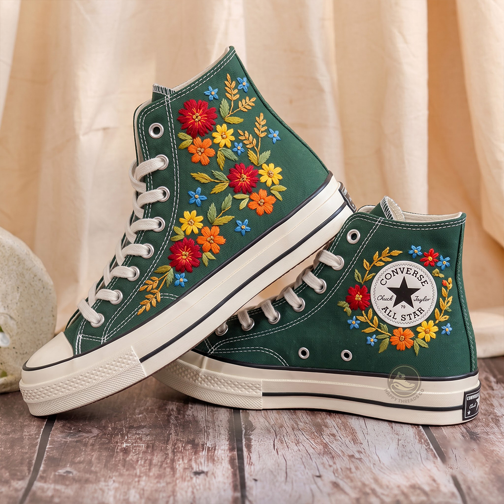 Wildflower Converse, Hand Embroidered Floral Garden High Tops